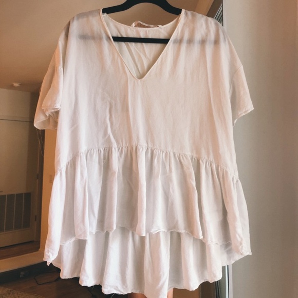 Zara Trafaluc White Short Sleeve Flowy Peplum Top Sz.S